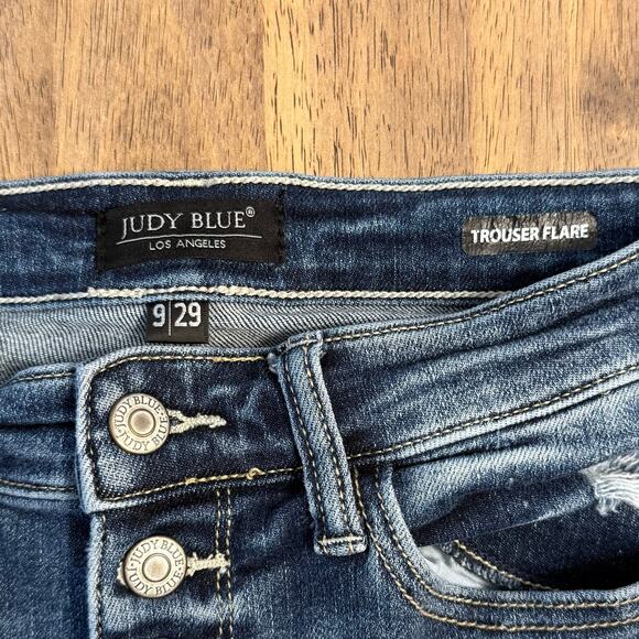 Judy Blue Mid Rise Botton Fly Trouser Flare Denim Jeans Distressed Size 9/29 - Picture 3 of 11